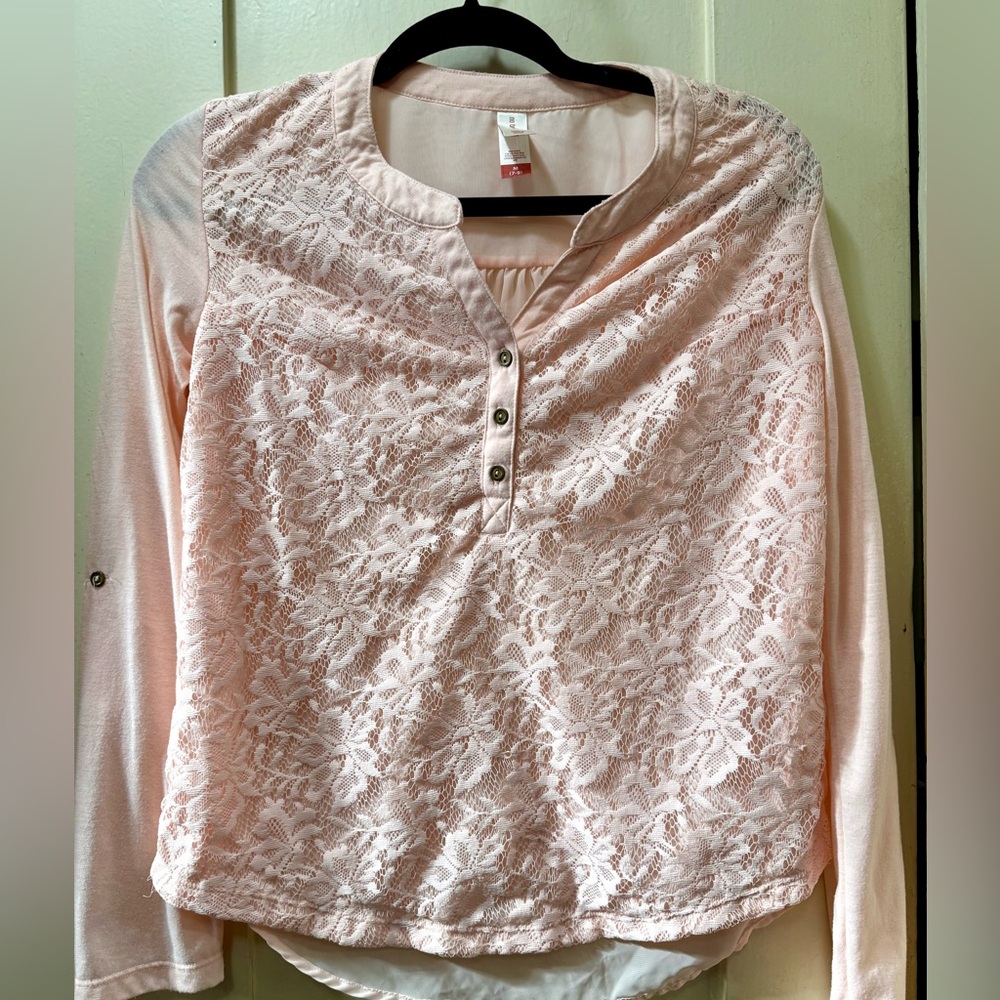 No Boundaries Pink Lace Front Long Sleeve Top